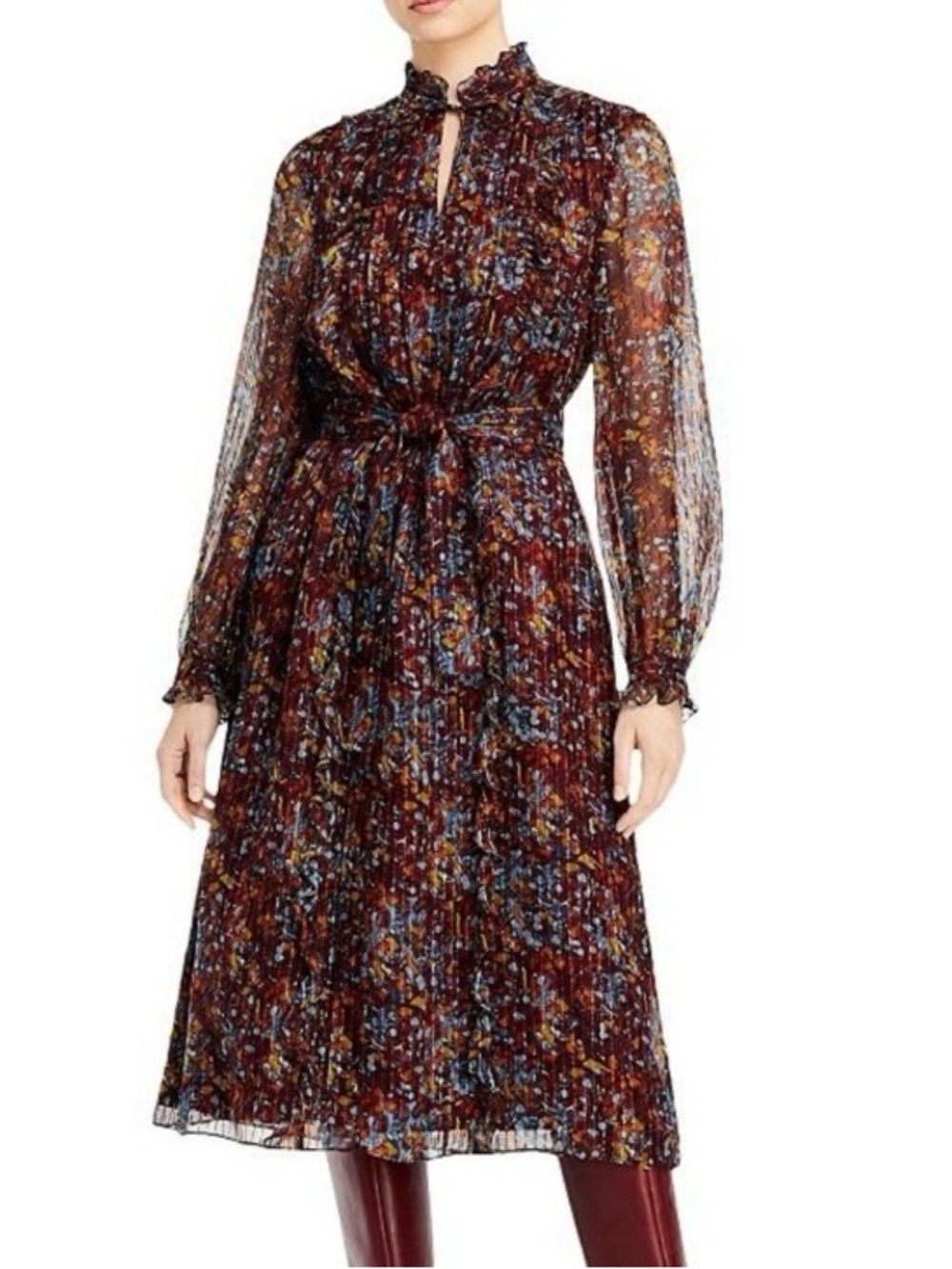 LaFayette New York Harlow Floral Long-Sleeve Midi Dress in Deep Red